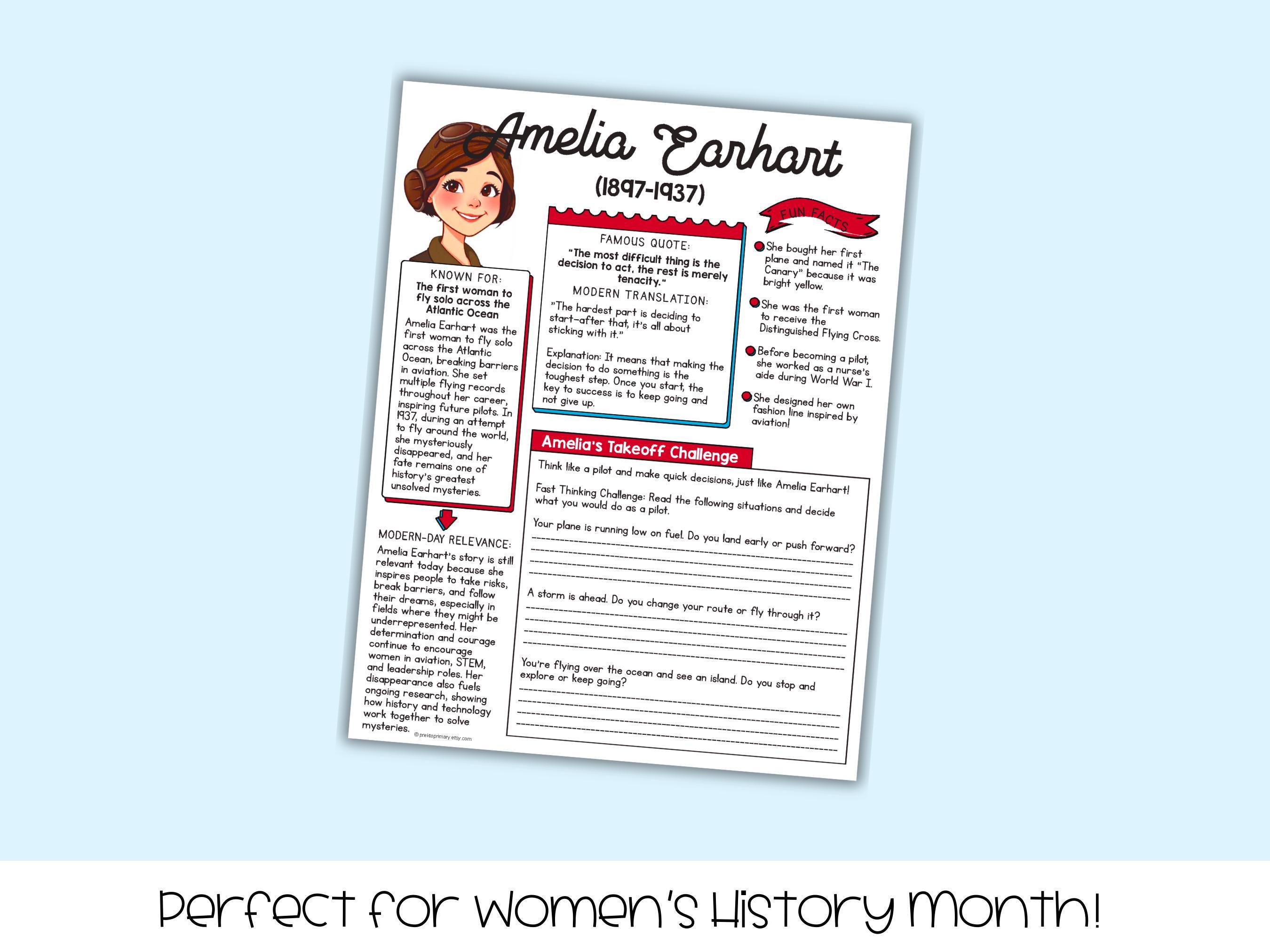 Amelia Earhart Biography Worksheet | Women's History Printable ...