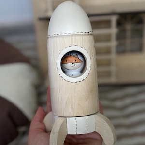 Wooden figurines of characters, wooden animals, wooden dolls, pegs, space rocket, fox cosmonaut, toys for development and perception