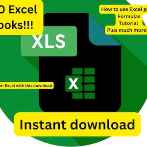 Könnte beinhalten: Ein grüner Kreis mit dem Text "10 Excel books!!!" in Gelb. Im Kreis befindet sich ein schwarzes Dateiordner-Symbol mit einer grünen "XLS"-Beschriftung. Das Dateiordner-Symbol enthält ein grünes Tabellenkalkulationssymbol mit einem "X" in der oberen linken Ecke. Der Text "Instant download" ist in Gelb am unteren Rand des Kreises. Der Text "Master Excel with this download" ist in Schwarz unten links im Kreis. Der Text "How to use Excel guide" ist in Gelb oben rechts im Kreis. Die Texte "Formulas", "Tutorial" und "Plus much more!!!" sind in Gelb unter dem Text "How to use Excel guide".