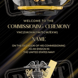 May include: A formal invitation for a commissioning ceremony. The design features a white naval officer's hat with gold accents and an emblem. Text includes "Welcome to the Commissioning Ceremony" and the date, Thursday, January 29, 2026, at 11:00 AM.