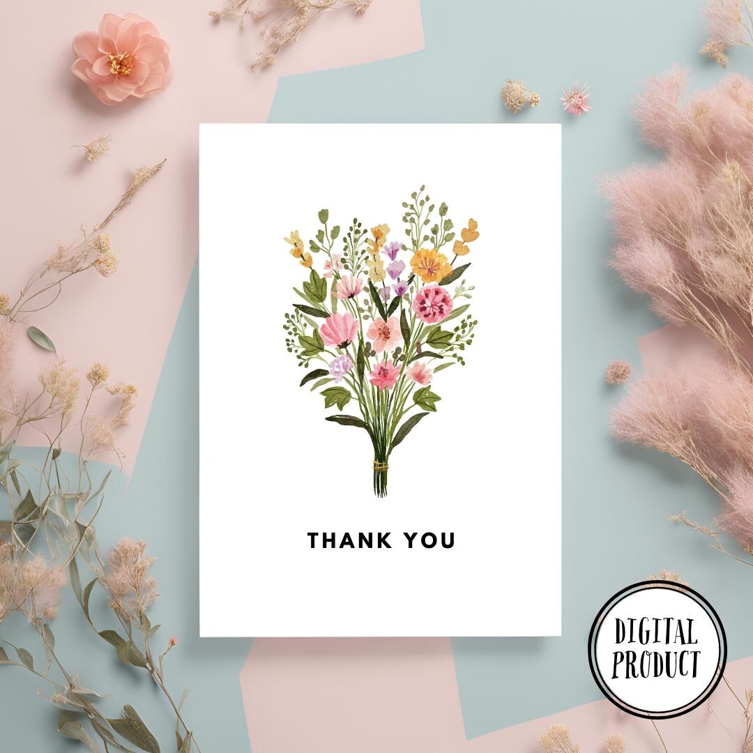 Printable Pastel Wildflower Bouquet Thank You Card | Customized ...