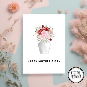 Tarjeta del Día de la Madre con un ramo de rosas rojas y rosadas dibujado a mano. Gracias, mamá. Agradecimiento a las madres. Diseño elegante y único.