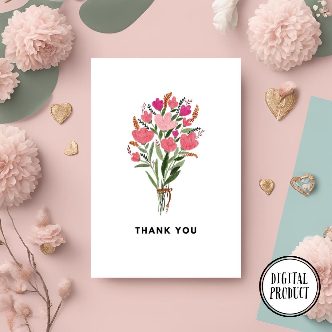 Pastel Red Wildflower Bouquet Thank You Card | Watercolour Design ...