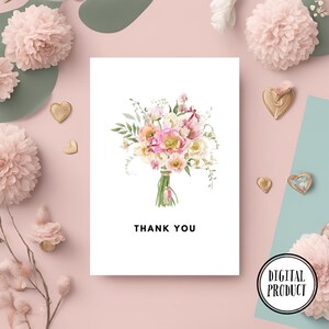 de remerciement aquarelle bouquet de fleurs rose pastel et crème | Conception personnalisée faite main