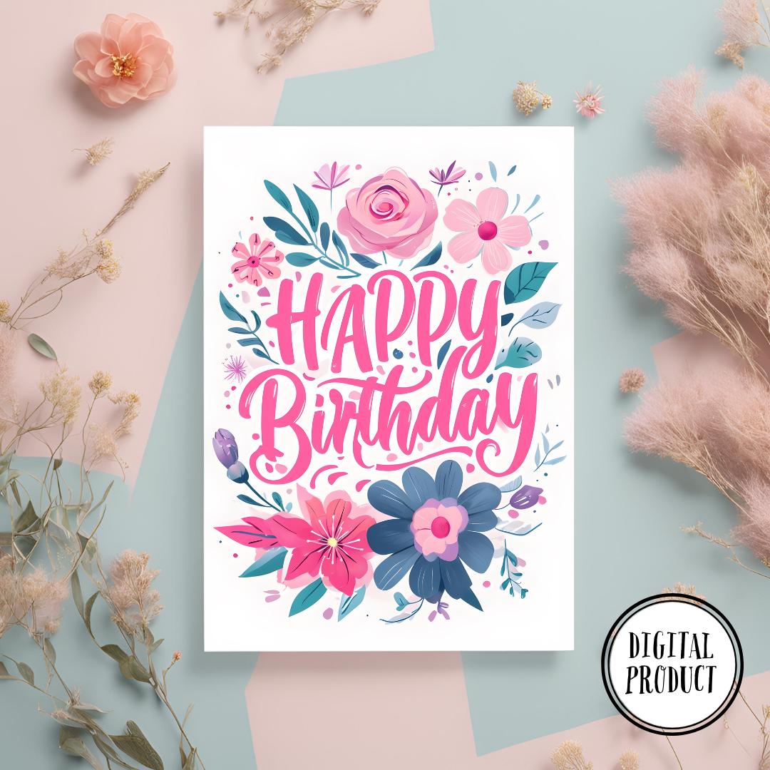 Printable Happy Birthday Card | Pink Floral Birthday Card | Flower ...