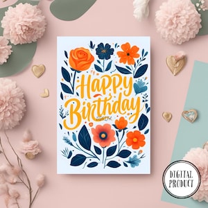 Cartão de Feliz Aniversário para Imprimir | Cartão de Aniversário Floral Laranja | Ilustração de Flor | Para Ela | Download Digital