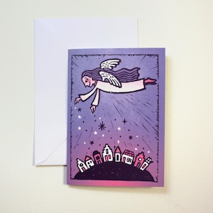 Biglietto d'auguri con angelo, cosparso di glitter e magia, bagliore viola e rosa, stampa su lino, stile stampa a blocchi, biglietto d'auguri spirituale senza testo