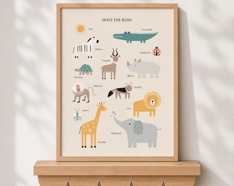 Stampa di animali della savana / Decorazione murale per la cameretta, arredamento per la stanza dei giochi (download digitale)