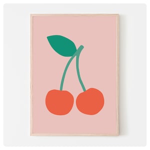 Cherry Poster, Modern Wall Art, Downloadable Print, Playroom Art, Dining room Poster, Pink and red Poster, Fruit Print, Retro Wall Art,
