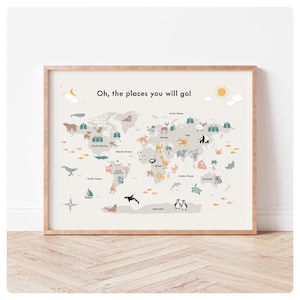 Carte du monde animal, carte illustrée pour enfants, décoration de chambre d'enfant, art de la salle de jeux, carte du monde illustrée, carte pour enfants, carte des animaux, téléchargement numérique