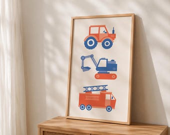 Construction Vehicles Nursery Print | Tractor, Digger, Fire Engine Art (Digital Download)
