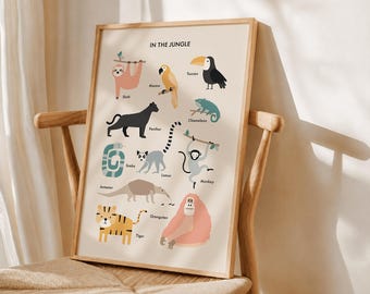 Stampa di animali della giungla / Decorazione murale educativa a tema safari per la cameretta (download digitale)