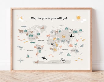 Animal World Map Nursery Print | Kids Educational Wall Art (Digital Download)