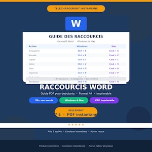 Peut inclure: Un guide numérique des raccourcis Microsoft Word, avec un design bleu et blanc. Le guide comprend des raccourcis pour Windows et Mac, avec des actions comme 'Enregistrer', 'Copier' et 'Coller'. Le texte '70+ raccourcis' est visible.