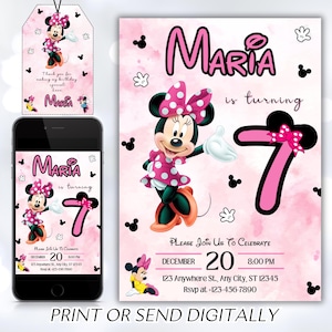 Bearbeitbare Rosa Minnie Maus Geburtstagseinladung, Aquarell Mädchen Geburtstagseinladung, druckbare Einladung, Rosa Minnie Einladung