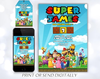 Invito di Mario, invito di compleanno stampabile, invito modificabile, compleanno per bambina, festa di Mario Bros, invito a tema videogiochi, super template
