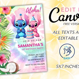 May include: A colorful invitation for Samantha's 1st birthday party. The design features Stitch and Angel characters, tropical flowers, and the text "Aloha!". The invitation is 5x7 inches and all texts are editable.