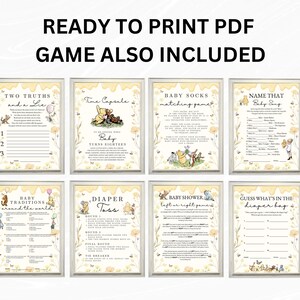 May include: Eight framed baby shower games with a yellow floral design and Winnie the Pooh illustrations. Games include "Two Truths and a Lie," "Time Capsule," and "Baby Socks Matching Game." Text reads "Ready to Print PDF Game Also Included."