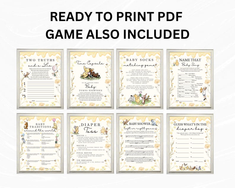 May include: Eight framed baby shower games with a yellow floral design and Winnie the Pooh illustrations. Games include "Two Truths and a Lie," "Time Capsule," and "Baby Socks Matching Game." Text reads "Ready to Print PDF Game Also Included."