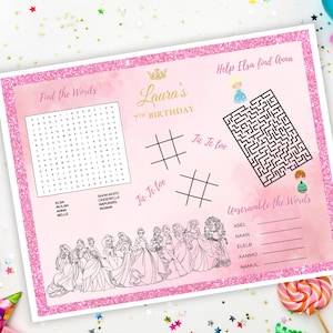 May include: A pink and gold printable party activity sheet with a princess theme. The sheet includes a word search, a tic-tac-toe game, a maze, and a word scramble. The text on the sheet includes "Find the Words", "Laura's 7th Birthday", "Tie Te Toe", "Help Elsa find Anna", and "Unscramble the Words".