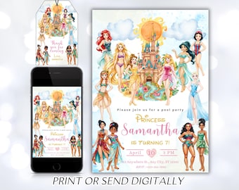 May include: A princess-themed pool party invitation with a tag and a phone mockup. The invitation features illustrations of princesses, a castle, and the text "Princess Samantha is turning 7!" with party details. The tag says "Thank you for coming."