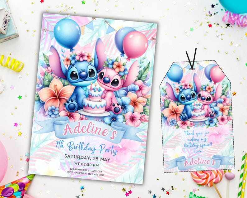 Puede incluir: Una invitaci&oacute;n de fiesta de cumplea&ntilde;os azul y rosa con una imagen de dibujos animados de Stitch y Angel de la pel&iacute;cula de Disney Lilo & Stitch. La invitaci&oacute;n presenta un pastel rosa y azul con el texto "Adeline's 7th Birthday Party" y la fecha y hora de la fiesta. La invitaci&oacute;n tambi&eacute;n incluye una etiqueta de favor a juego con el texto "Gracias por hacer mi cumplea&ntilde;os especial Amor Adeline's".