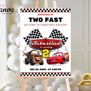 Cars Birthday Welcome Sign, Lightning Mcqueen Poster, Cars Party Welcome Sign, Second Birthday Party Signage, Two Fast, 2, Tow Mater Cars