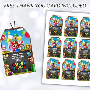 May include: A set of nine printable favor tags featuring a Super Mario Bros. theme. The tags are decorated with images of Mario, Luigi, and other characters from the game. The text on the tags reads "Thank you for making my birthday special! Love, Super James".