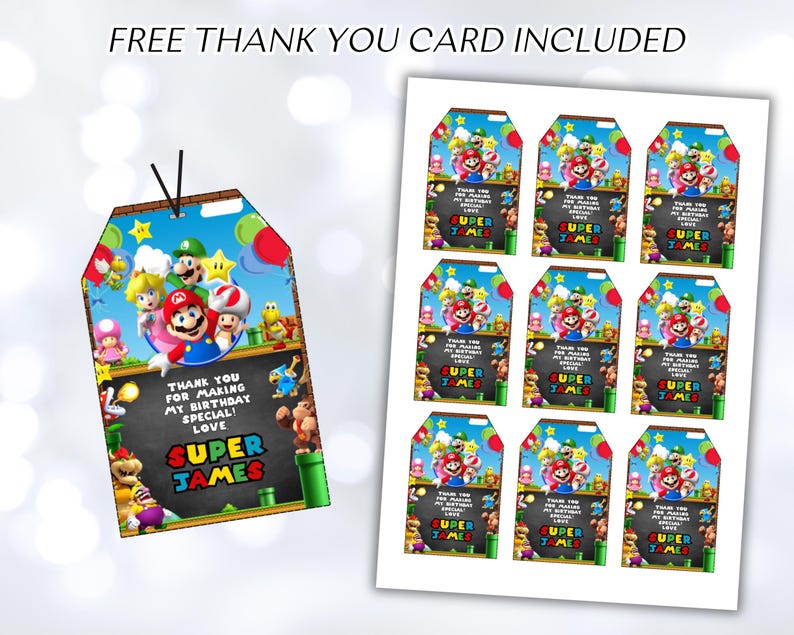 May include: A set of nine printable favor tags featuring a Super Mario Bros. theme. The tags are decorated with images of Mario, Luigi, and other characters from the game. The text on the tags reads "Thank you for making my birthday special! Love, Super James".