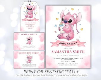 May include: Pink baby shower invitation set featuring a cartoon character holding a bottle. Includes a tag, invitation, diaper raffle card, and books for babies card. The invitation text reads "Baby Shower" and event details.