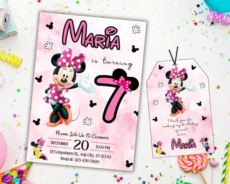 Editable Pink Minnie Mouse Birthday Invitation, Watercolor Girls ...
