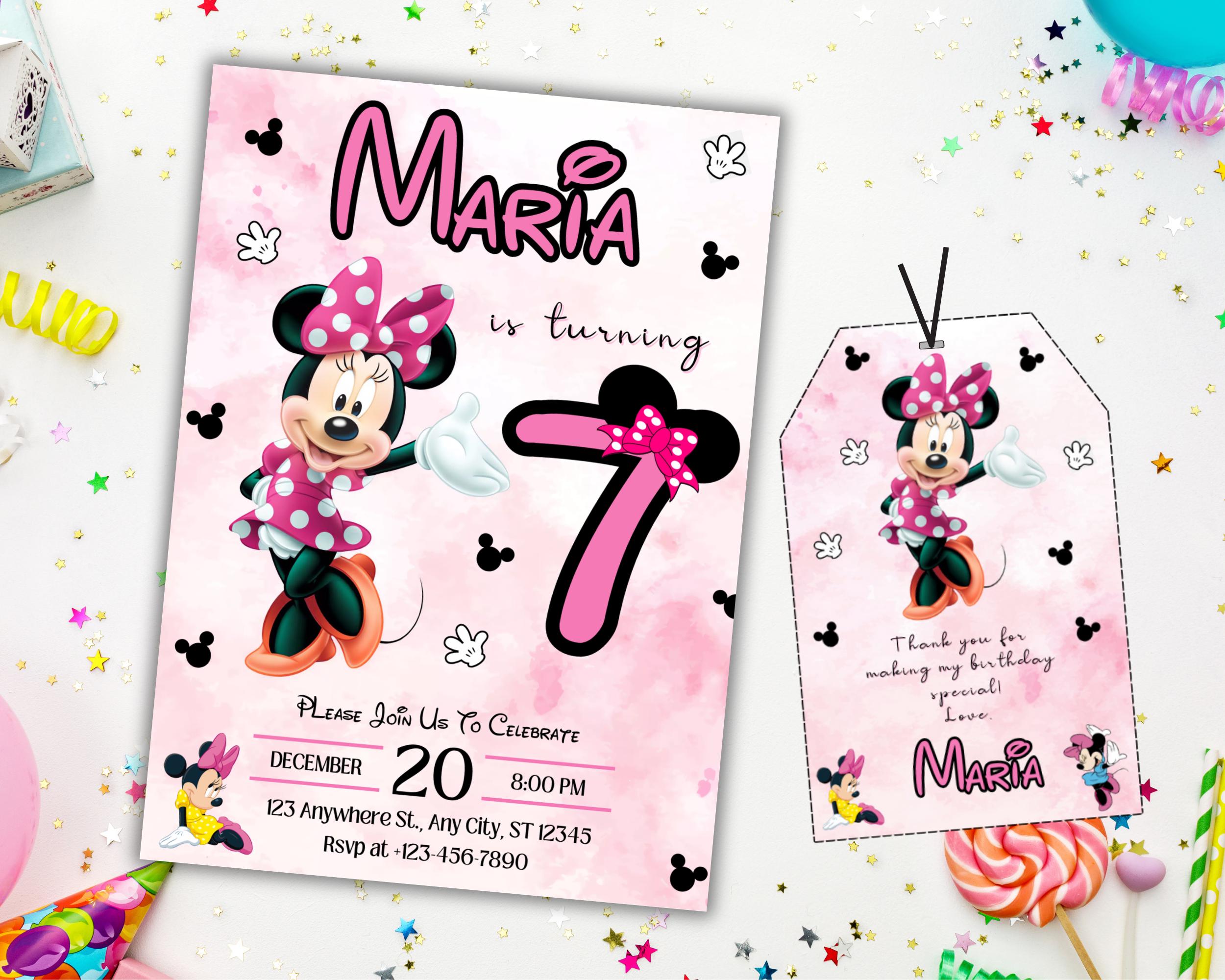 Editable Pink Minnie Mouse Birthday Invitation, Watercolor Girls ...