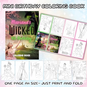 Puede incluir: Un mini libro para colorear de cumpleaños con el tema "Wicked". La portada presenta un diseño rosa y verde con el texto "Mariana's Wicked 4th Birthday". Incluye páginas para colorear con ilustraciones.