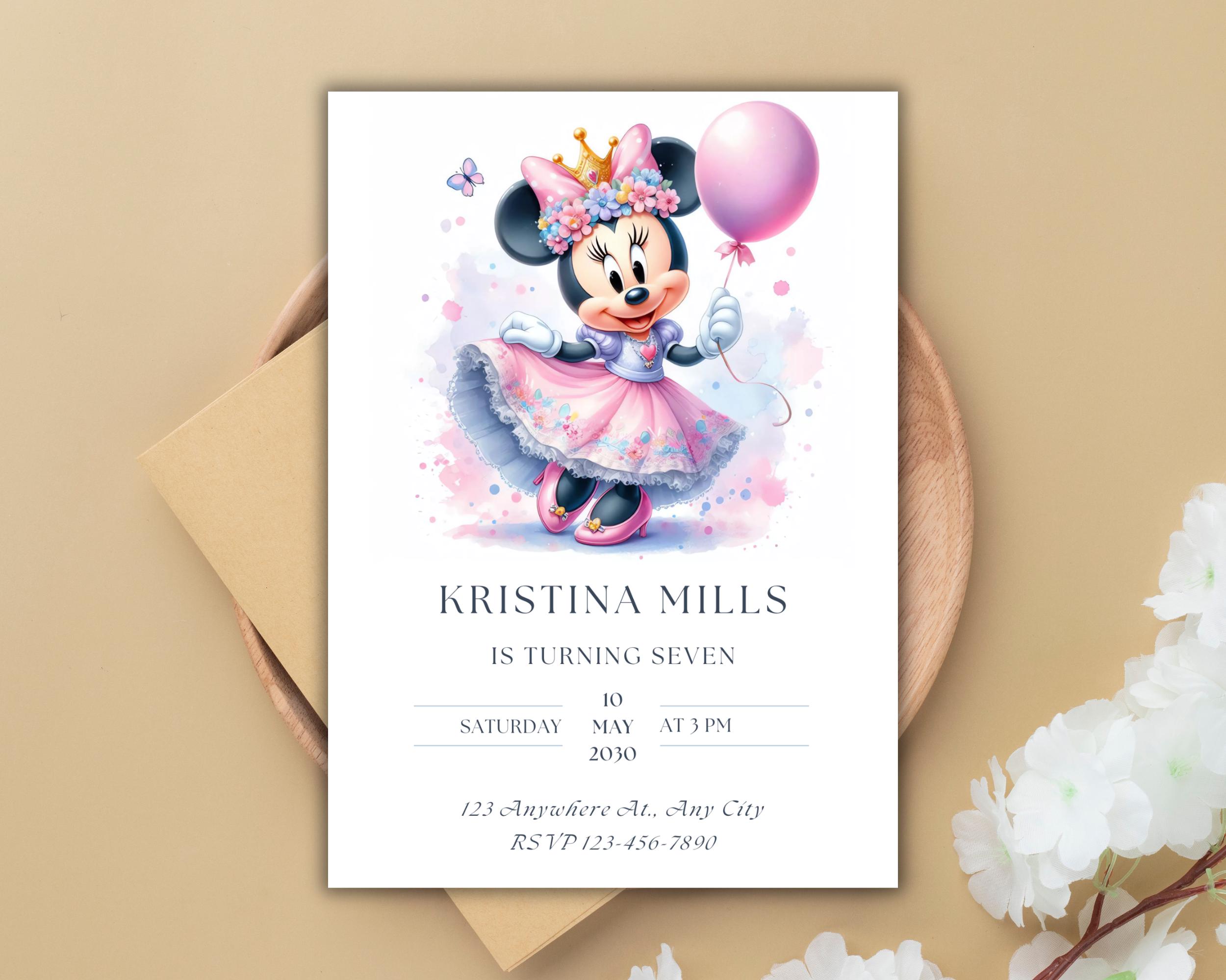 Editable Minnie Mouse Birthday Invitation, Watercolor Girls Birthday ...
