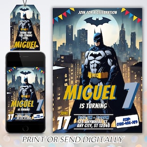 Invito modificabile per supereroi, invito per festa a tema pipistrello, invito stampabile per compleanno bambini, biglietto digitale per festa di compleanno, download digitale del modello Canva