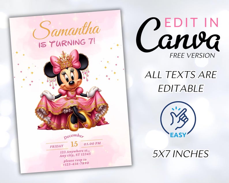 Editable Pink Minnie Mouse Birthday Invitation, Watercolor Girls ...