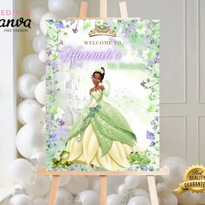 Princess and the Frog Birthday Welcome Sign, Princess Tiana Birthday Party Poster, Printable Editable Welcome Signage, Birthday Girls