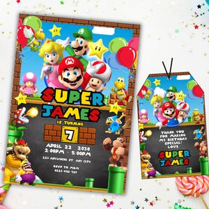 May include: A colorful invitation for a Super Mario themed birthday party. The invitation features a chalkboard with the text "Super James is turning 7" and details for the party. The invitation also features a tag with the text "Thank you for making my birthday special! Love Super James".