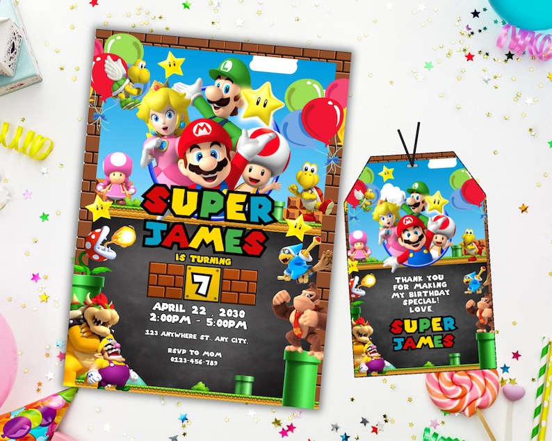 May include: A colorful invitation for a Super Mario themed birthday party. The invitation features a chalkboard with the text "Super James is turning 7" and details for the party. The invitation also features a tag with the text "Thank you for making my birthday special! Love Super James".