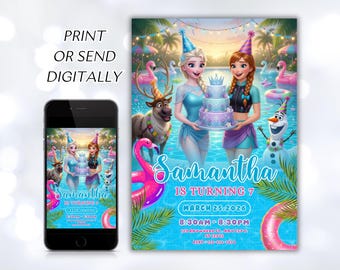 FROZEN Sommer Party Einladung, Elsa Anna Olaf Geburtstagseinladungs Vorlage, Gefrorene Einladung Sommer Pool Party Geburtstagseinladung