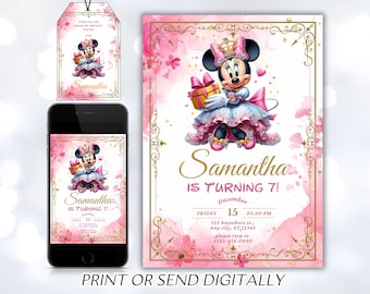 Editable Minnie Mouse Birthday Invitation, Watercolor Girls Birthday Invitation, Printable Invitation, Pink Minnie Invitation