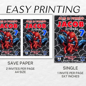 Peut inclure: Deux invitations imprimables pour une f&ecirc;te d'anniversaire sur le th&egrave;me des super-h&eacute;ros. Les invitations pr&eacute;sentent un personnage de Spiderman rouge et bleu sur un fond de toile d'araign&eacute;e noir et blanc. Le texte sur les invitations indique "Calling all superheroes, Jacob is turning 7".