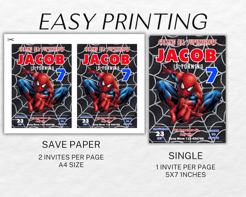 Peut inclure: Deux invitations imprimables pour une f&ecirc;te d'anniversaire sur le th&egrave;me des super-h&eacute;ros. Les invitations pr&eacute;sentent un personnage de Spiderman rouge et bleu sur un fond de toile d'araign&eacute;e noir et blanc. Le texte sur les invitations indique "Calling all superheroes, Jacob is turning 7".