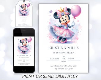 Editable Minnie Mouse Birthday Invitation, Watercolor Girls Birthday Invitation, Printable Invitation, Pink Minnie Invitation