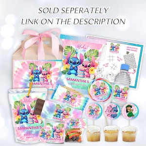 May include: A collection of party supplies featuring the characters Stitch and Angel. Items include a gift bag, candy bags, cupcake toppers, water bottle, and a tic-tac-toe game. The color scheme is a tie-dye pattern with pink, blue, and white.