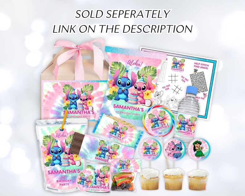 May include: A collection of party supplies featuring the characters Stitch and Angel. Items include a gift bag, candy bags, cupcake toppers, water bottle, and a tic-tac-toe game. The color scheme is a tie-dye pattern with pink, blue, and white.