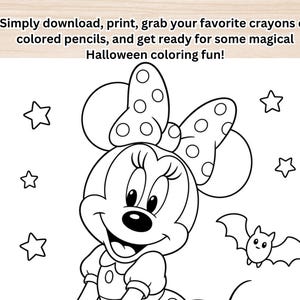 May include: A black and white coloring page featuring a cartoon mouse character with a large polka-dot bow, surrounded by stars and a small bat. The text at the top reads: Simply download, print, grab your favorite crayons or colored pencils, and get ready for some magical Halloween coloring fun!