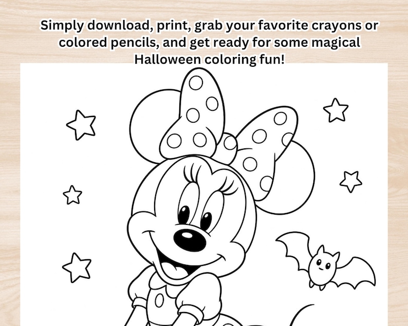 May include: A black and white coloring page featuring a cartoon mouse character with a large polka-dot bow, surrounded by stars and a small bat. The text at the top reads: Simply download, print, grab your favorite crayons or colored pencils, and get ready for some magical Halloween coloring fun!