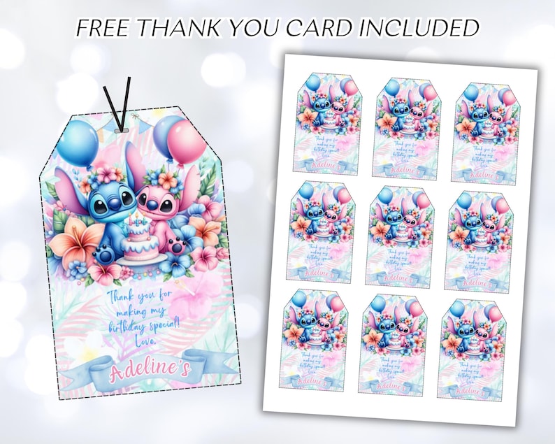 Puede incluir: Etiquetas de favor imprimibles con Stitch y Angel de Lilo & Stitch de Disney. Las etiquetas son rosas y azules con detalles florales y el texto "&iexcl;Gracias por hacer mi cumplea&ntilde;os especial! Con cari&ntilde;o, Adeline's".