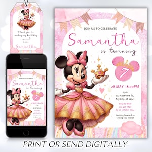 Bearbeitbare Rosa Minnie Maus Geburtstagseinladung, Aquarell Mädchen Geburtstagseinladung, druckbare Einladung, Rosa Minnie Einladung